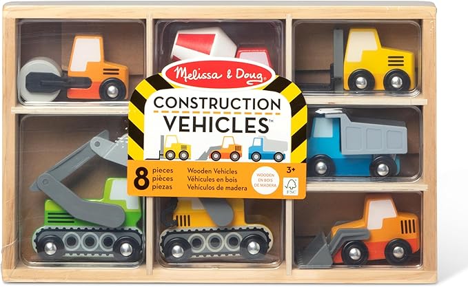Melissa & Doug Wooden Construction Site Vehicles with Wooden Storage Tray (8 pcs)