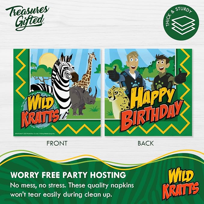 Treasures Gifted Officially Licensed Wild Kratts Birthday Party Supplies - Pack of 16 Napkins - Wild Kratts Party Supplies - Birthday Decorations - 6.5in x 6.5in Paper Napkins