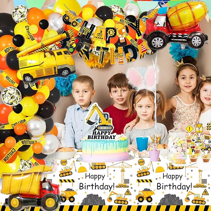 51 Pcs Construction 2nd Birthday Party Supplies Dump Truck Two Years Old Tablecloth Paper Plates Napkins Forks Dinnerware for Construction 2nd Birthday Party Supplies Decorations