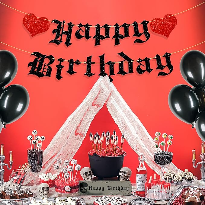 Pre-Strung Goth Birthday Decorations, No DIY Gothic Happy Banner Glitter Funeral Party Supplies