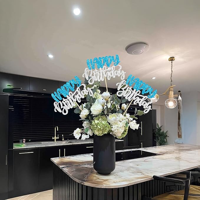 Gyufise 12Pcs Happy Birthday Centerpieces Sticks Double Sided Glitter Birthday Party Decorations Anniversary Table Flower Centerpiece for Celebrating Party Supplies Blue Silver