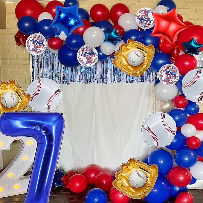 Baseball Birthday Party Balloons, 32 Inch Navy Blue Foil Number 7 Balloon, Baseball Glove Foil Balloon, Red Blue Star Confetti Balloon for 7th Birthday Sports Theme Party Supplies