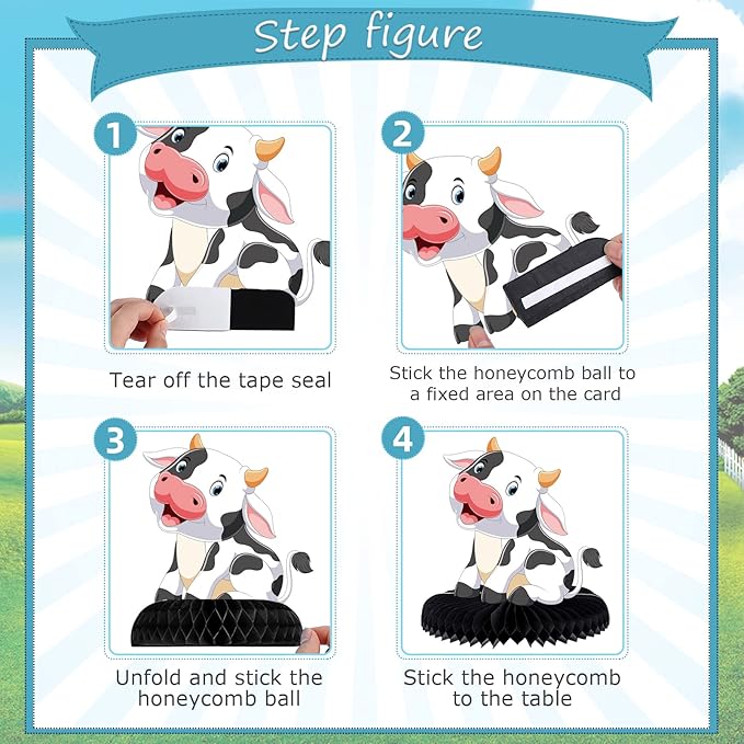 9 Pcs Cow Honeycomb Centerpieces Farm Animals Cow Table Topper Honeycomb 3D Table Decoration Barnyard Paper Fan Cow Cutouts for Children's Party Western Cowboy Baby Shower Wedding Party Supplies