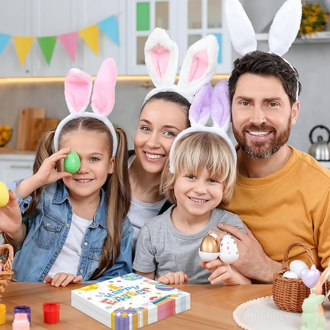 50Pcs Happy Easter Paper Napkins - Cartoon Colorful Eggs Bunny 13 x 13 Inches Luncheon Napkins Disposable Dessert Dinner Hand Napkins for Easter Birthday Party Supplies