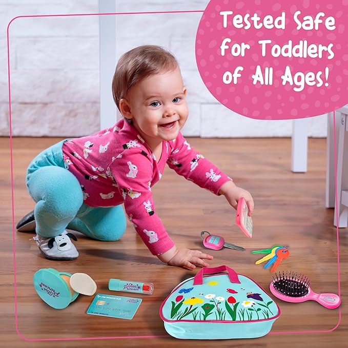 Play Purse for Toddlers with Accessories, Toddler Girl Toys 1 2 3 Years Old with Pretend Makeup, Keys, Smartphone, Toddler Toy Purse for Little Girls - Birthday Gift for Toddlers Girls Ages 2-3 - Blue