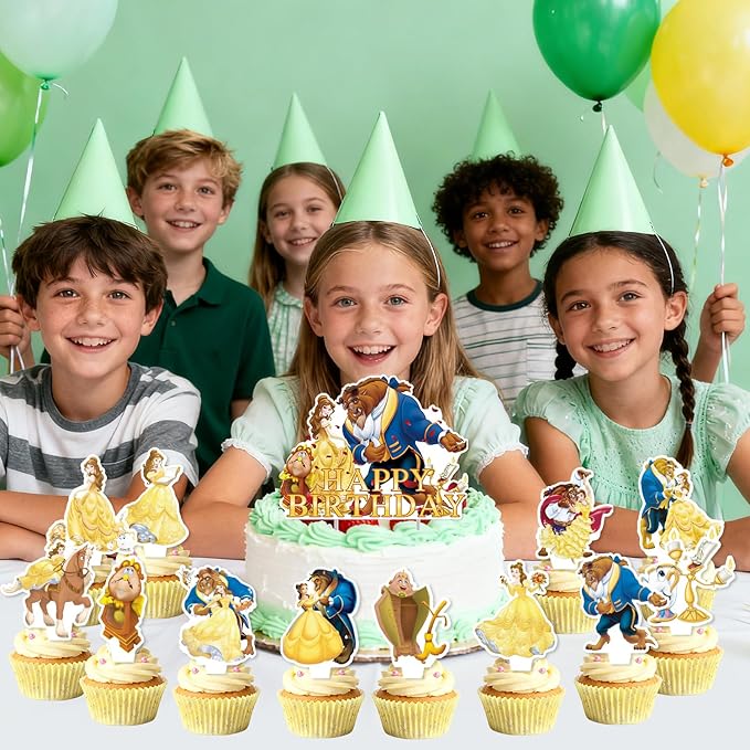 25Pcs Beauty and the Beast Birthday Party Supplies Pack Includes 1 Cake Topper 24 Cupcake Toppers for Beauty and the Beast Party Supplies