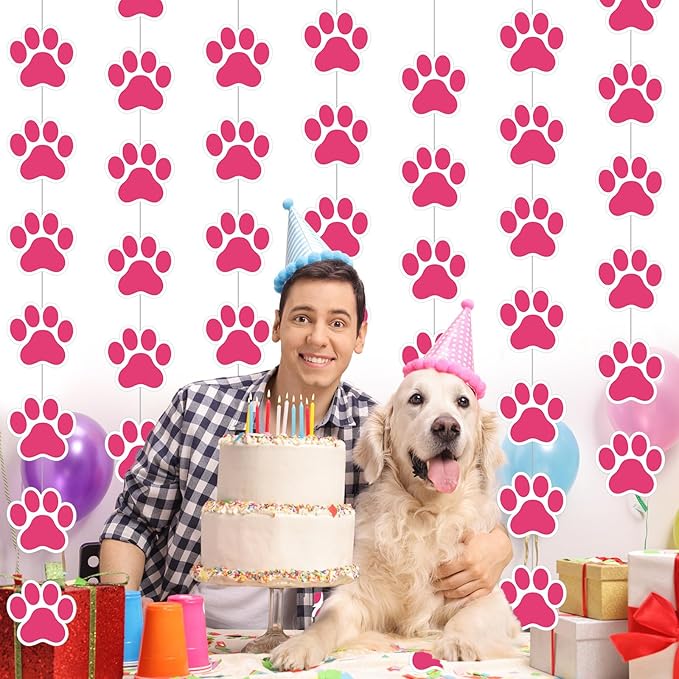 Duraaamo 8 Packs Dog Party Banner Decorations Pink Paw Print Paper Garland Dog Birthday Hanging Cutouts Paw Banners for Lets Pawty Pet Birthday Baby Shower Party Supplies Decor