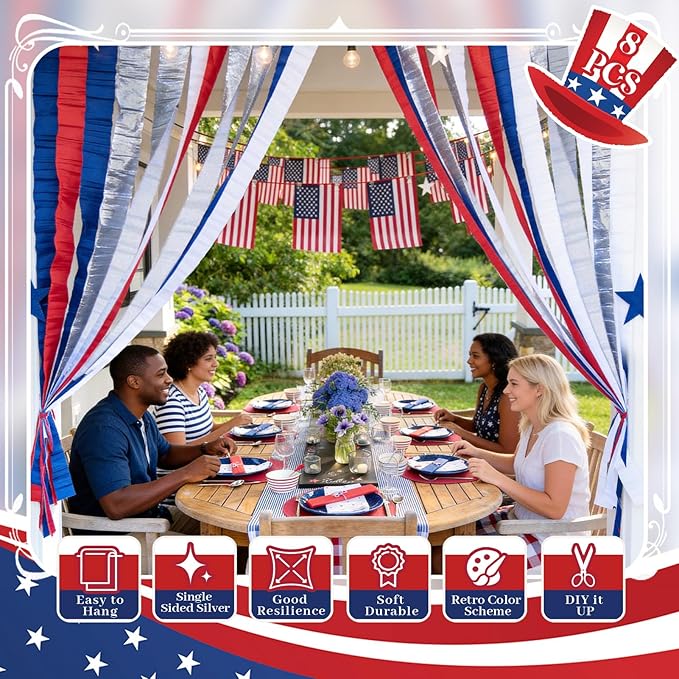 NICROLANDEE Patriotic Decorations - 8 Rolls Red White Blue Crepe Paper Streamers Tassels Streamer Paper for 4th of July Decorations Independence Day Memorial Day American Theme Party Decorations