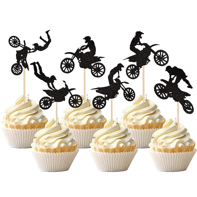 24 PCS Motorcycle Cupcake Toppers Black Glitter Motocross Dirt Bike Party Cupcake Picks for Sports Motocross Theme Man Boy Birthday Party Cake Decorations Supplies