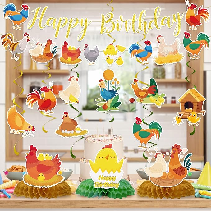 Chicken Birthday Party Decorations Include Chicken Happy Birthday Glitter Banners Hanging Swirls Honeycomb Centerpieces Chick Farm Animal Birthday Theme Party Supplies