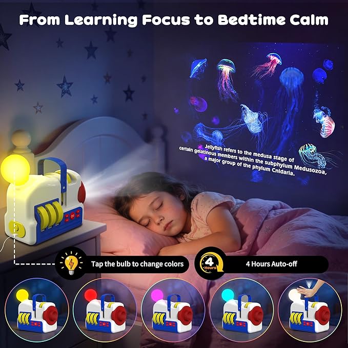 Story Projector for Toddlers Kids Ages 3+ with 4 Story Cards, Earth, Ocean, Dinosaurs, Space, Built-in Audio Player, 9 Sleep Sounds & 5 Night Light Modes, Dual Power Gift Toy for Boys Girls
