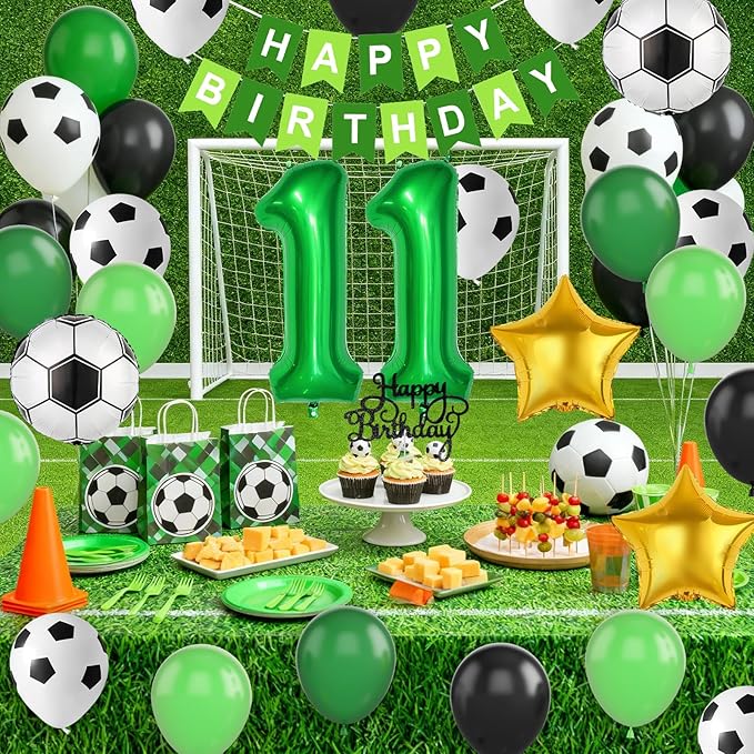 Soccer Birthday Party Decorations for Boys, 11th Soccer Birthday Decoration with Green Black White Balloons 'HAPPY BIRTHDAY' Banner Cake Toppers 32in Foil 11 Balloon for Boys Men Sports Party Decor