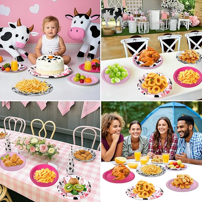 48 Pcs Disco Cowgirl Party Paper Plates, 9" 7" Hot Pink Cow Print Disco Ball Disposable Dessert Plates for Birthday, Baby Shower, Wedding, Western Last Rodeo Bachelorette Party Decorations Supplies
