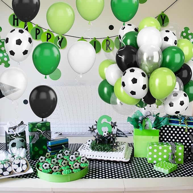 Soccer Birthday Party Balloons, 12 Inch Soccer Printed Balloons Dark Green and Black Balloons Clear Green and White Balloon for Boys Football Soccer Party Sports Anniversary Baby Shower Decorations