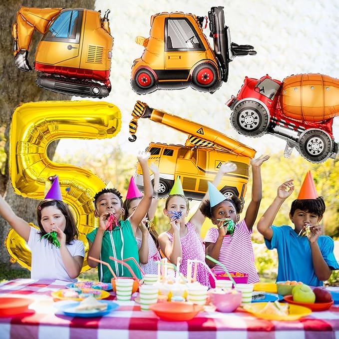 Construction Birthday Party Supplies 5 Year Old, Large Construction Balloons 40Inch Gold Number 5 Balloon Construction Truck Foil Balloons for Boys 5th Construction Birthday Party Decorations