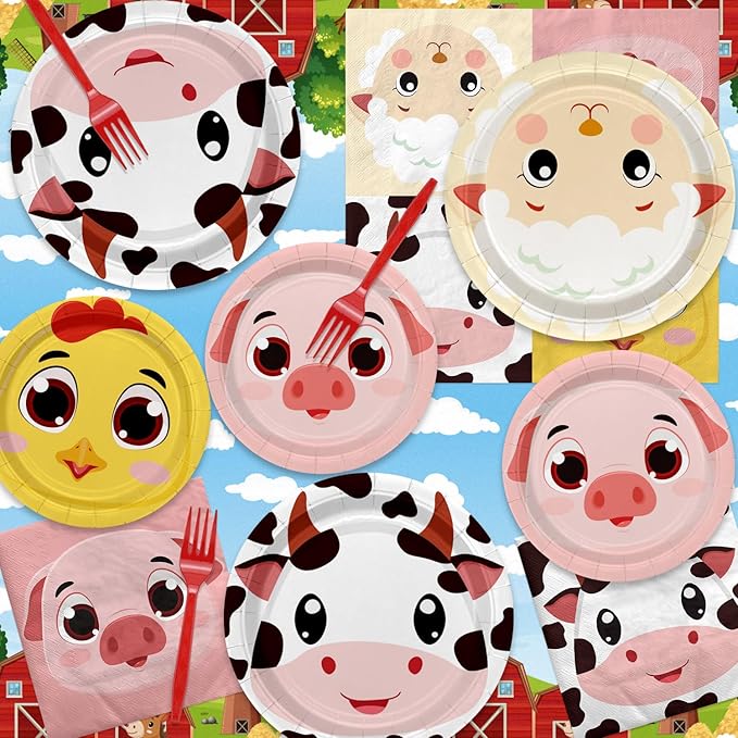 Farm Birthday Party Plates Set for 20 Guests, Including Animals Tablecloth, Napkins, Forks and Plates for Baby Shower Farm Birthday Decorations