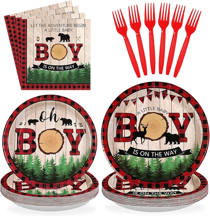 Lumberjack Baby Shower Party Decorations Buffalo Plaid Lumberjack Baby Boy Shower Plates and Napkins Set Wild Bear Forest A Little Baby Boy Decoration for Boys Camping Hunting Bear Supplies Serve 24