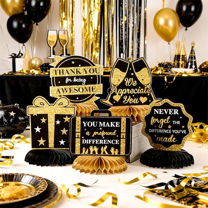 12 Pcs Thank You Decorations Honeycomb Centerpiece Employee Appreciation Decor We Appreciate You Table Decorations Thank Table Topper for Doctor Employee Party Supplies(Gold and Black)