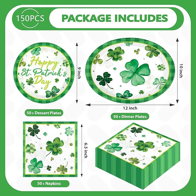 150 Pcs St. Patrick's Day Party Decorations Green Shamrock Oval Plates and Napkins Disposable Lucky Shamrock Clover Tableware Set for Irish St. Patrick's Day Holiday Party Supplies Serves 50