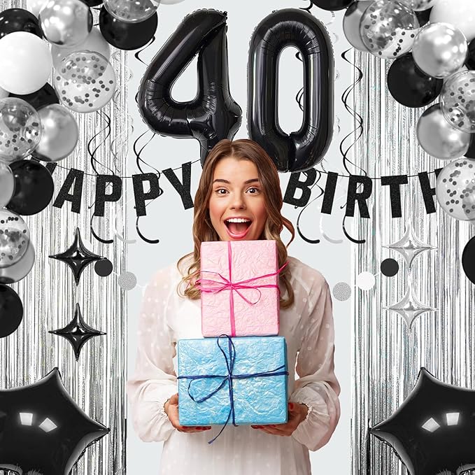 40th Birthday Decorations for Men Women- Black Silver Happy 40th Birthday Party Decor With Banner Backdrop,Number 40 Foil Balloon -Black White Balloons Garland Arch Kit for 40 Years Old Anniversary
