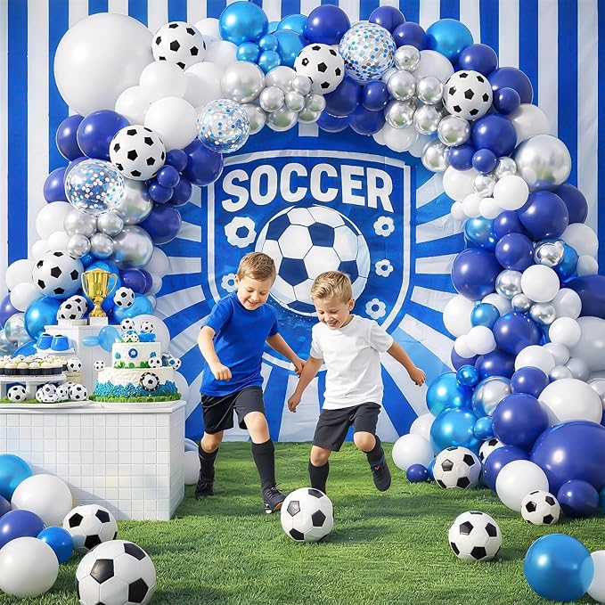 Soccer Party Decorations, Soccer Balloon Arch Kit, Metallic Blue White Silver Navy Blue Balloons Garland with Soccer Print Balloons for Kids Boys Football Sports Theme Baby Shower Party Supplies