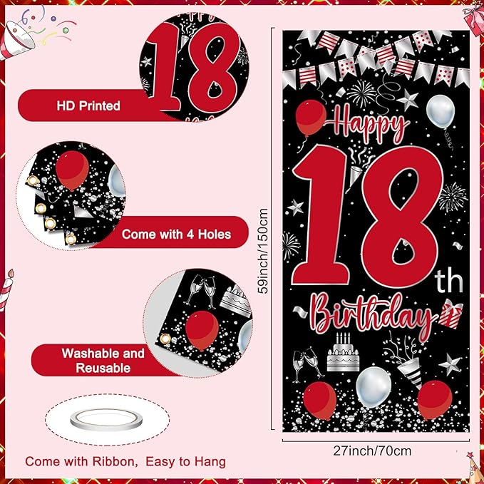 18th Birthday Decorations for Boys and Girls, Red Black Happy 18th Birthday Decorations for Men, Boy 18 Bday Party Door Banner Sign, Triangle Flag, Large 18 Balloons Decor for 18 Years Old
