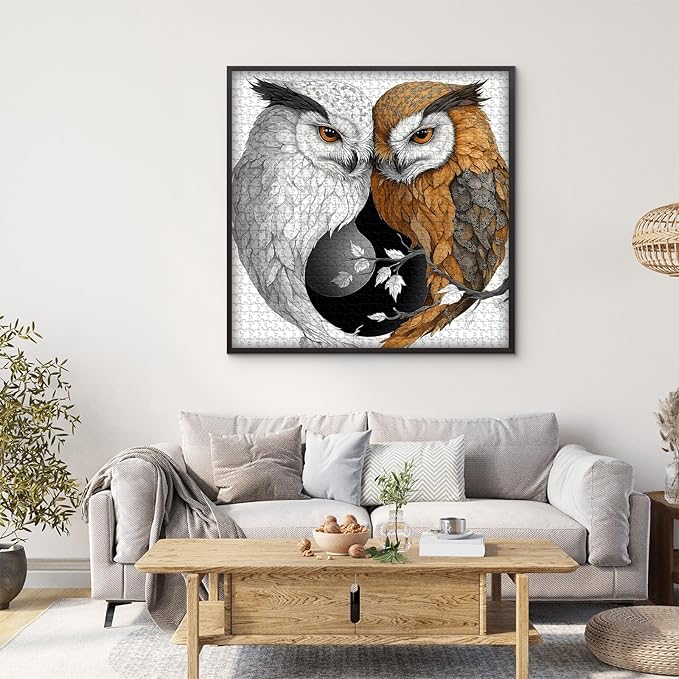 Yin Yang Owl Jigsaw Puzzle 1000 Pieces for Adults,Unique Bird Jigsaw Puzzle Features Dual Owl Balance, Black and White Animal Puzzle,Impossible Owl Home Wall Decor