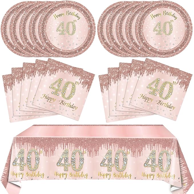 40Pcs 40th Birthday Decorations for Women 1986 Birthday Table Disposable Tableware Kit Rose Gold 40th Birthday Plates and Napkins Set 40th Birthday Tablecloth for Women Forty Birthday Party Supplies