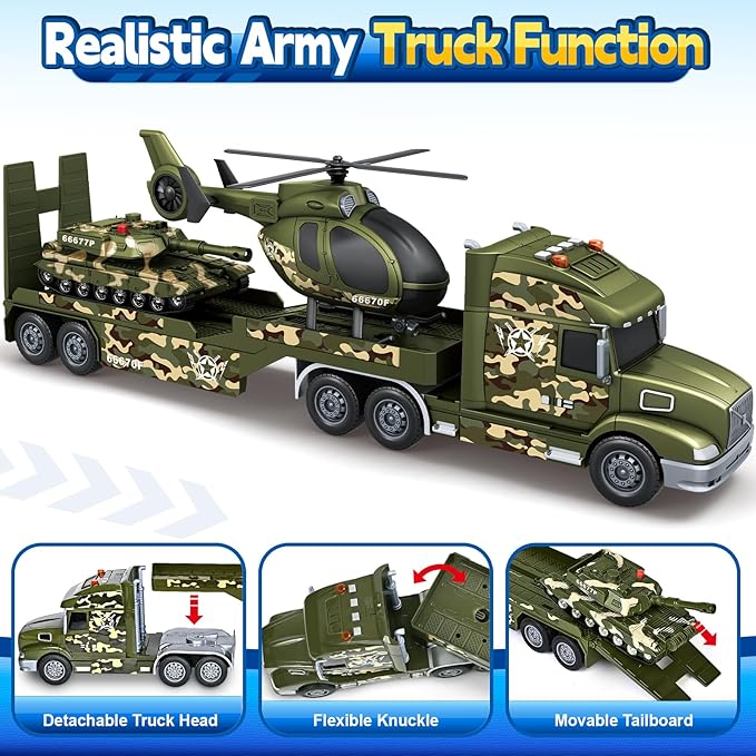 Toddler Boy Toys for 3 4 5 6 7 Years Kids, 27" Semi Army Truck Toy with Helicopters and Tank, Friction Powered Military Toys with Lights and Sounds, Birthday for Boy Girls