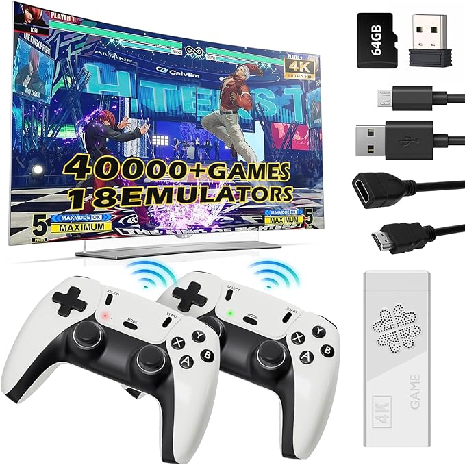 Upgraded Model Wireless Retro Game Stick,Retro Video Game Console,9 emulators, (64G),with Over 40000 Built-in Electronic Games,4K HDMI Output,Dual 2.4G Wireless Control Plug and Play Retro Game (pro)