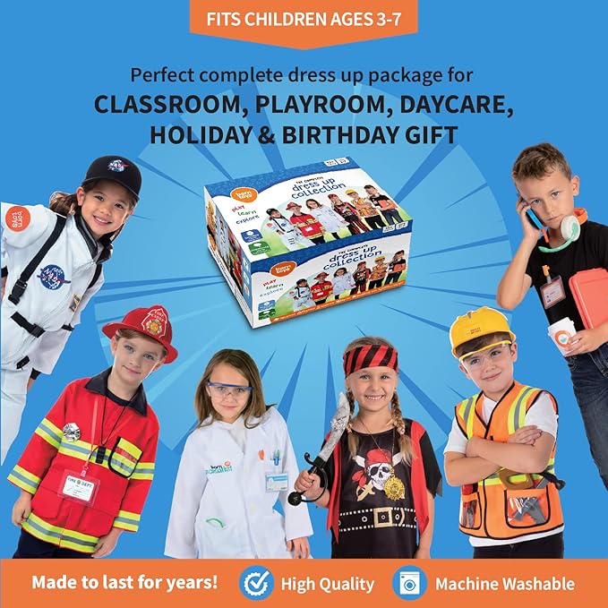 Born Toys Pretend Play Costumes for Kids Ages 3-7, Washable Toddler Dress Up Set for Play (6 in 1)
