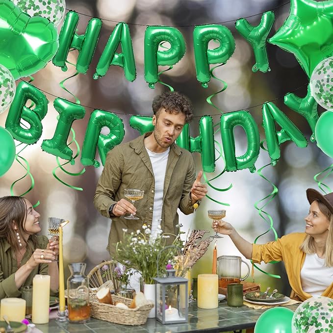 ZHENGYE Green Birthday Party Decorations Set Happy Birthday Balloons Banner Hanging Swirls Star Heart-shaped Latex Balloon for Women Men Children Birthday Party Decorations