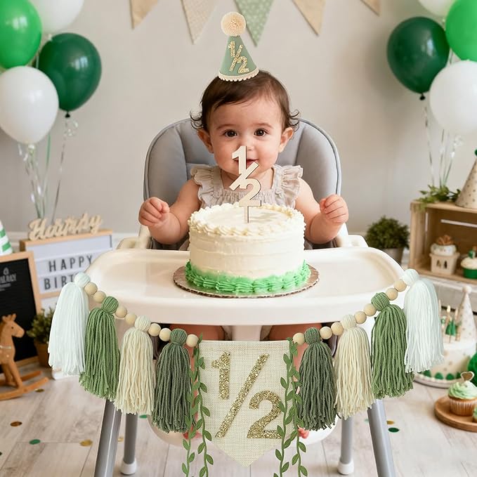 1/2 Birthday High Chair Banner For Half Way To One Party Decorations Wood Bead Tassel Garland Green Crown Hat Wooden Cake Topper Happy Half Year Party Photoshoot Props