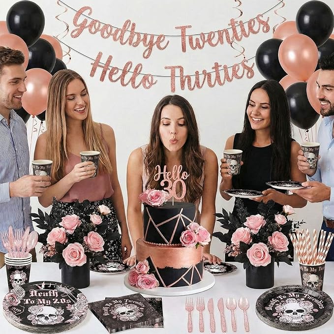 450 Pcs Death to My 20s Tableware Set Rose Gold Black 30th Birthday Party Decorations Rip to My 20s Paper Plates Napkins Cups Cutlery Straws for Women Funeral My Youth Birthday, Serves 50