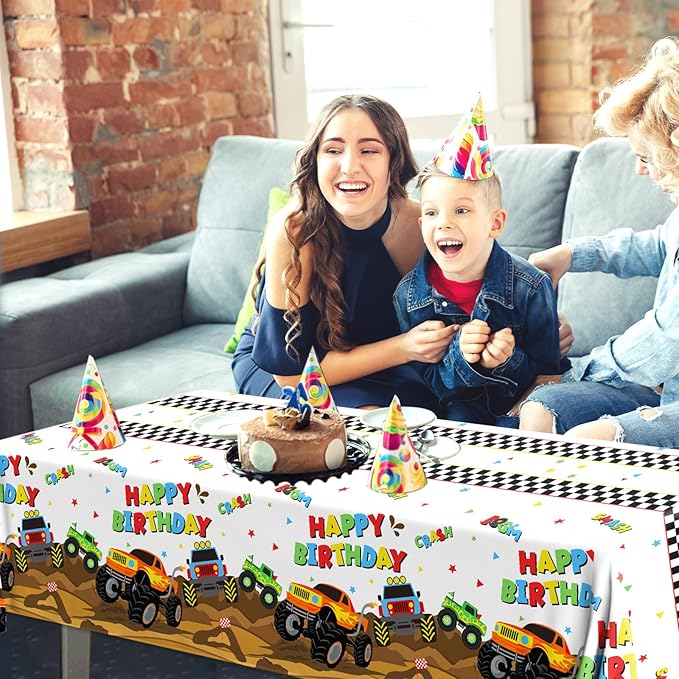 Monster Truck Tablecloth - 3 Pcs Disposable Machine Table Cover, Checkered Tablecloth for Monster Truck Birthday Party Decorations