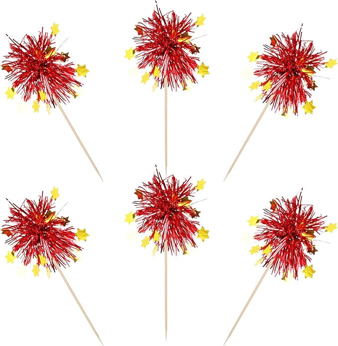 30 PCS Foil Firework Cupcake Toppers Happy Birthday Star Cupcake Picks Sparkle Tinsel Drink Stirrers Cocktail Fruit Toothpicks for Valentine's Day Wedding Birthday Party Decorations Supplies Red