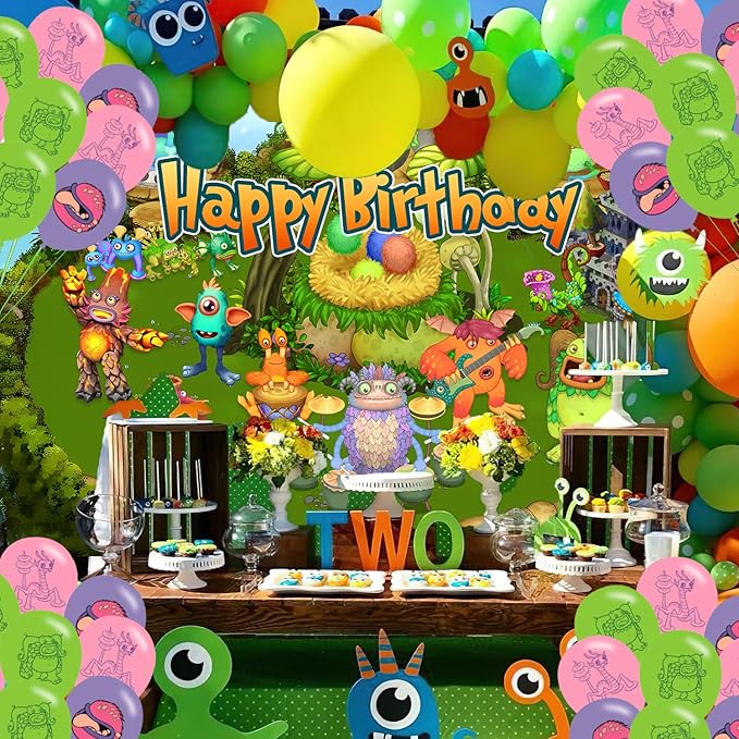 Singing Monster Birthday Party Decoration,Monster Party Photo Background 5 x 3 FT and 18 Pcs Balloon,Merch Party Backdrop Supplies