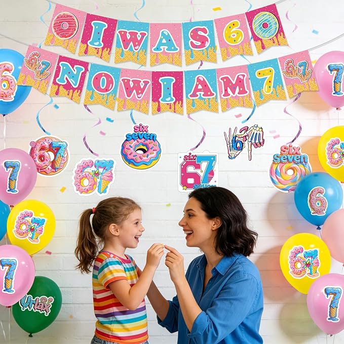 6 7 Birthday Party Decoration Set Funny 6 7 Meme Donut Theme Decor with Hanging Swirls Honeycomb Centerpieces I Was 6 Now I'm 7 Banner Cake Topper Blue and Pink Six Seven Party Supplies