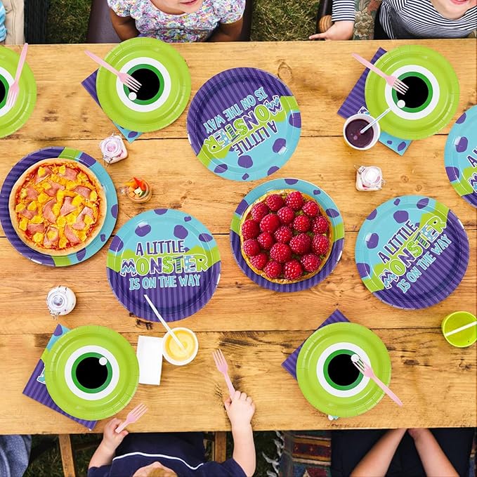 96Pcs Monster Baby Shower Party Supplies Monster Theme Party Plates and Napkins Disposable Green and Purple Cartoon Tableware Set for Kids Birthday Baby Shower Decorations Serves 24