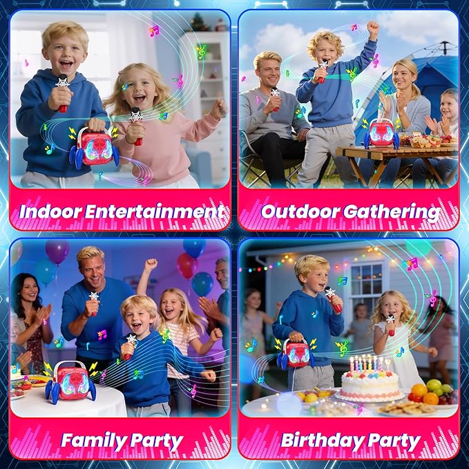 Karaoke Machine for Kids, Red & Blue Glowing Eyes & Rhythm Light, 5 Magic Voice, 2 Wireless Mini Microphone, Portable Bluetooth Speaker, Easter Basket Stuffers Boys Gifts Age 3 4 5 6 7 8 9 10 11 12