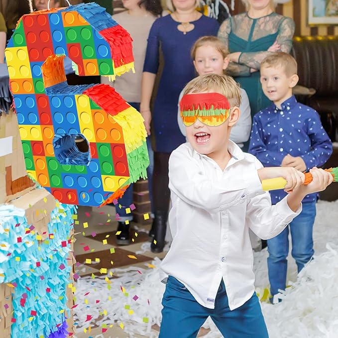Building Blocks 6th Birthday Party Decorations Number 6 Pinata with Pinata Stick & Blindfold for Kids Girls Boys Happy Birthday Building Block Theme Party Supplies Carnival Games