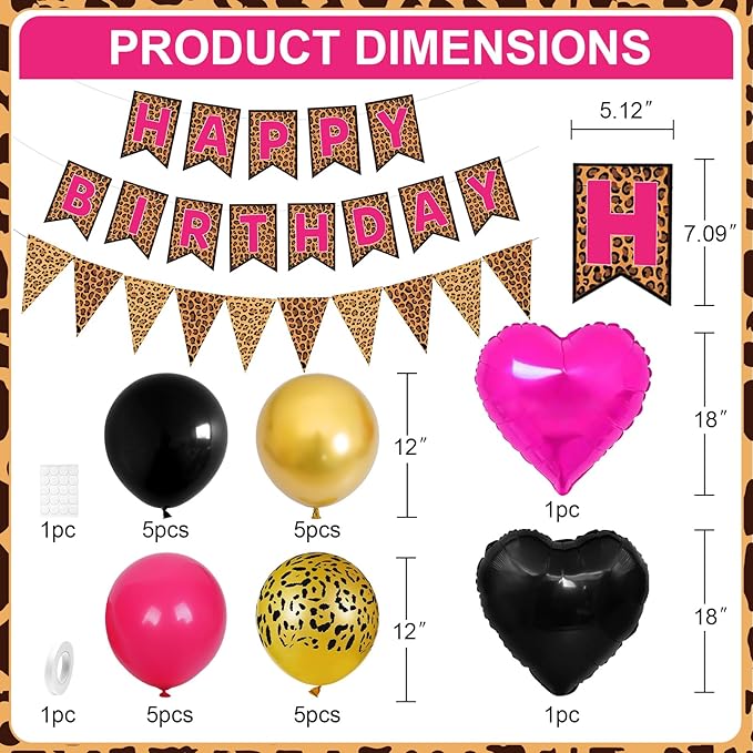 Leopard Print Happy Birthday Decorations, Gold Cheetah Print Animal Balloons Black Gold and Pink Heart Balloon with Birthday Banner for Safari Wild Birthday Baby Shower Jungle Zoo Theme Party Supplies