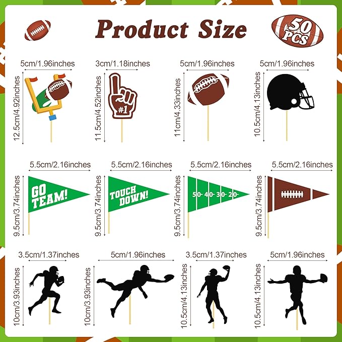 50 Pcs Football Cupcake Toppers, Disposable Foot Ball Themed Cake Toppers, Touchdown Players Flagship Designed Tooth Picks, Football Party Decorations for Sports Baby Shower Birthday Party Supplies