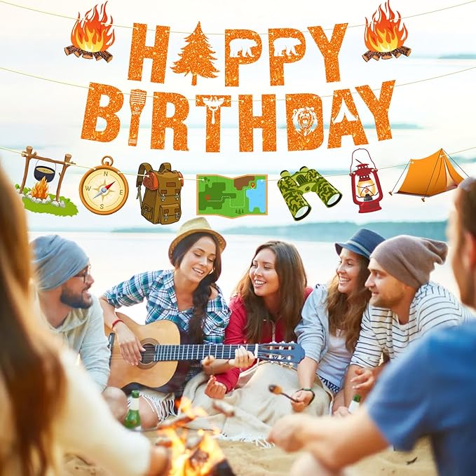Pre-Strung Camping Party Decorations, NO DIY Glitter Happy Birthday Banner Camping Themed Baby Shower Supplies