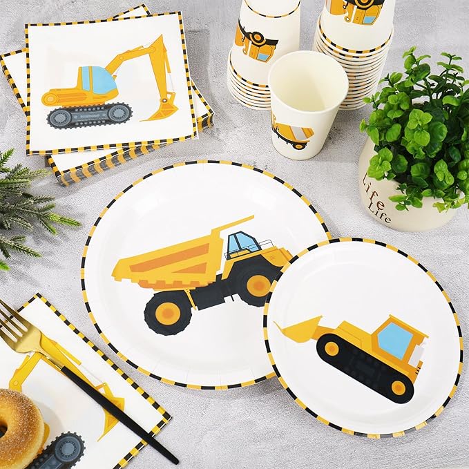 Whaline 96Pcs Construction Party Tableware Dump Truck Paper Plate Napkin Cup Yellow Black Disposable Dinnerware Set for 24 Guests Birthday Party Table Decor