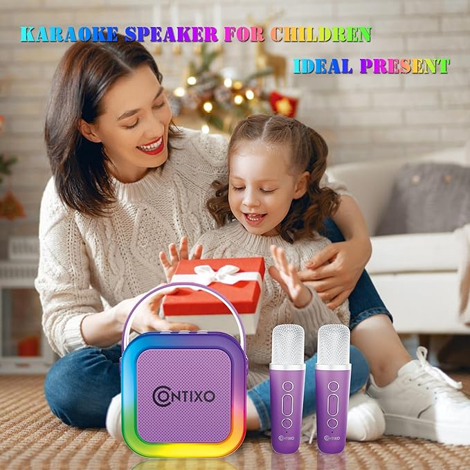 Contixo KS1 Mini Karaoke Machine for Kids, Portable Bluetooth Speaker with 2 Wireless Microphones & Dynamic Lights for Boys & Girls, Home Party Entertainment Toy (Purple)