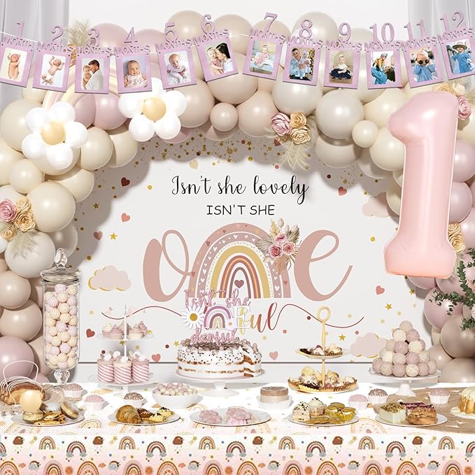 Isn't She Lovely Isn't She Onederful First Birthday Decorations, 147 PCs – Onederful 1st Party Supplies with Boho Rainbow Backdrop, Balloon Garland, Cake Topper, Daisy Foil Balloons