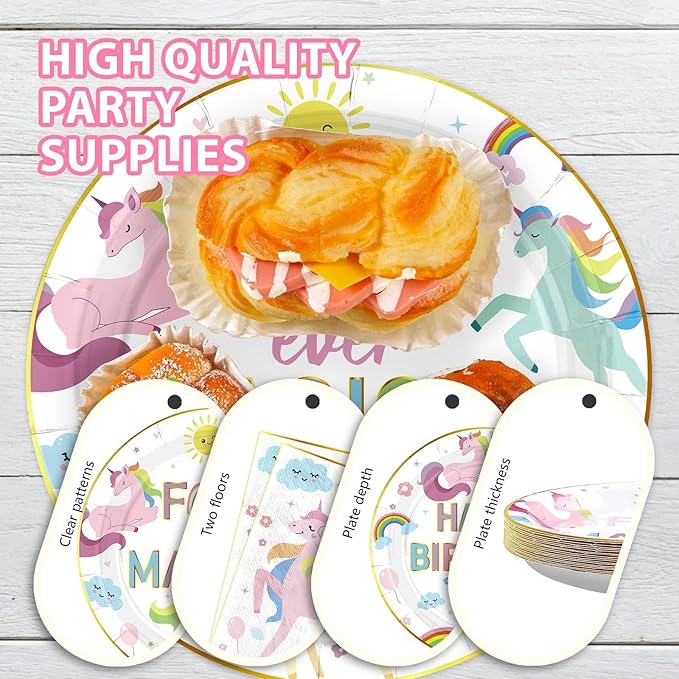 Grencian 96pc Unicorn 4th Birthday Party Supplies Magical Pastel Rainbow Unicorn Plates Napkins Forks Serves 24