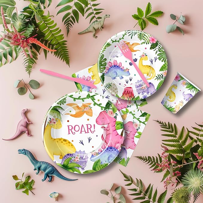 Dinosaur Party Decorations Tableware For Girl Birthday Baby Shower, Pink Dino Dinosaur Birthday Party Supplies, Paper Plate, Cup, Napkin, Disposable Fork , 24 Guests