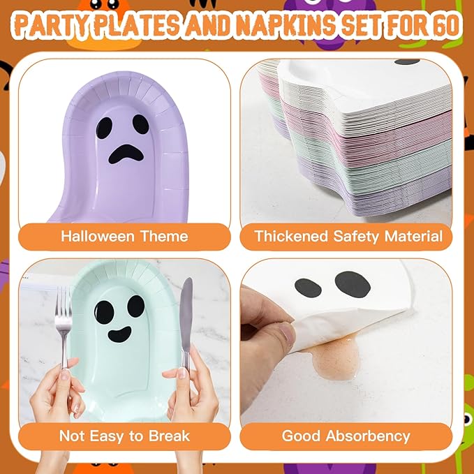 180Pcs Halloween Ghost Party Supplies Paper Plates and Napkins Serve 60 Disposable Tableware Set for Birthday Party Decorations Game Day Family Holiday Sports Events